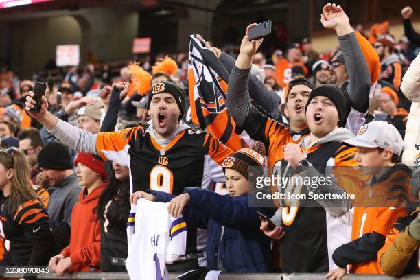 Cincinnati Bengals fans celebrate after winning the AFC Championship game between the Cincinnati Bengals and Kansas City Chiefs on Jan 30, 2022 at...