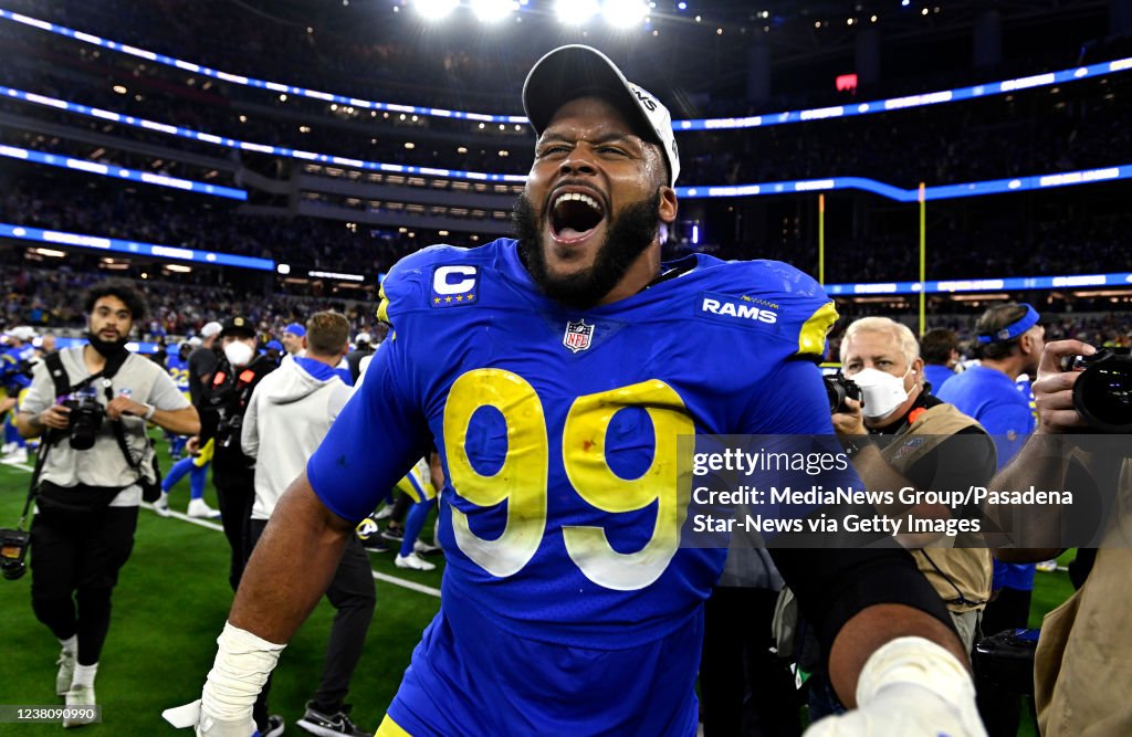 Nfc Rams Defensive end Aaron Donald of the Los Angeles Rams celebrates after ...