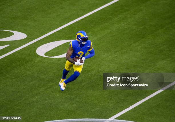 Los Angeles Rams wide receiver Odell Beckham Jr. #3 catches a pass during the NFC Conference Championship game between the San Francisco 49ers and...