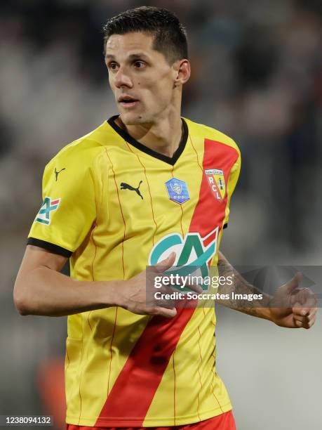 Florian Sotoca of RC Lens during the French Coupe de France match between RC Lens v AS Monaco at the Stade Bollaert Delelis on January 30, 2022 in...