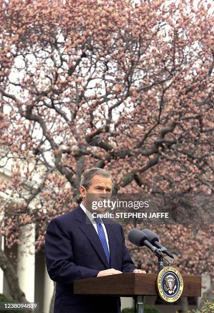 President George W. Bush briefs the press 02 April 2001 outside the Oval office of the White House in Washington, DC. Bush on the status of the...