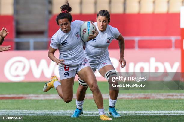 Alena Olsen of United States runs with the ball during the Women's HSBC World Rugby Sevens Series 2022 Semifinal match between Australian and United...