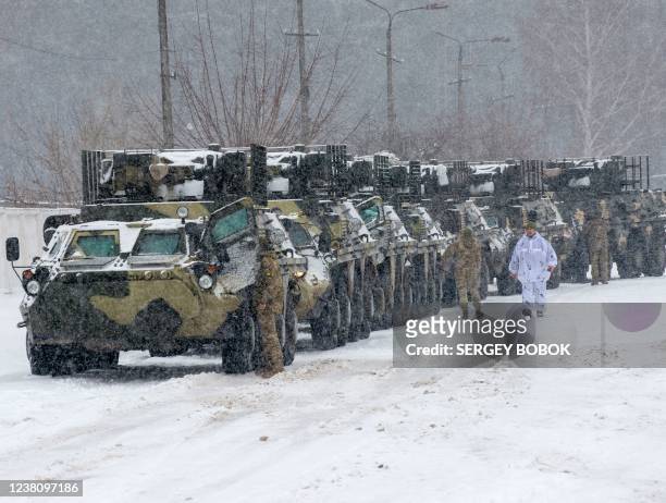Armored personnel carrier of the 92nd separate mechanized brigade of Ukrainian Armed Forces move to park in their base near Klugino-Bashkirivka...