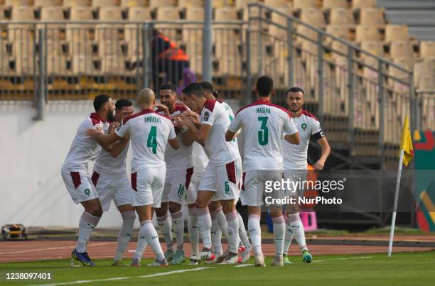 Sofiane Boufal of Morocco celebrates scoring their first goal Pierre Kunde of Cameroon during Morocco against Egypt, African Cup of Nations, at...