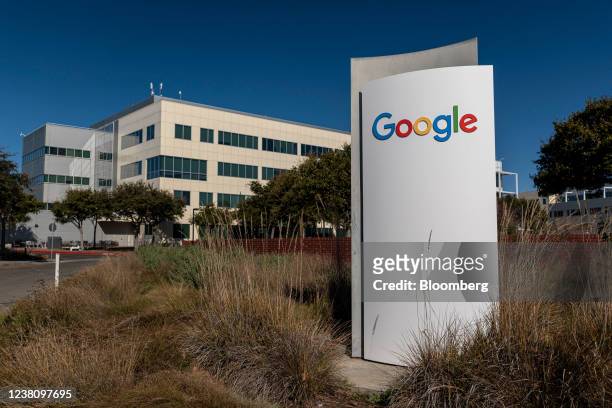Signage at the Google headquarters in Mountain View, California, U.S., on Thursday, Jan. 27, 2022. Alphabet Inc. Is expected to release earnings...
