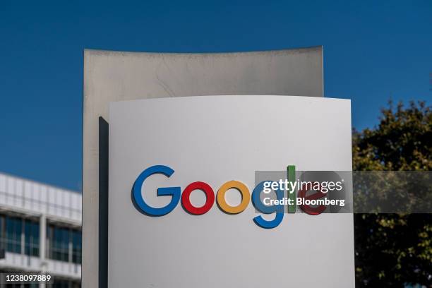 Signage at the Google headquarters in Mountain View, California, U.S., on Thursday, Jan. 27, 2022. Alphabet Inc. Is expected to release earnings...