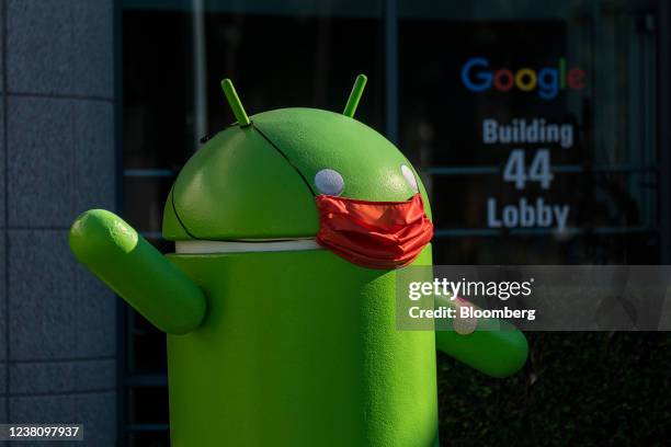 An Android mascot at Google headquarters in Mountain View, California, U.S., on Thursday, Jan. 27, 2022. Alphabet Inc. Is expected to release...