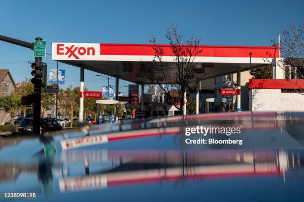 An Exxon Mobil gas station in San Francisco, California, U.S., on Thursday, Jan. 27, 2022. Exxon Mobil Corp. Is scheduled to release earnings figures...