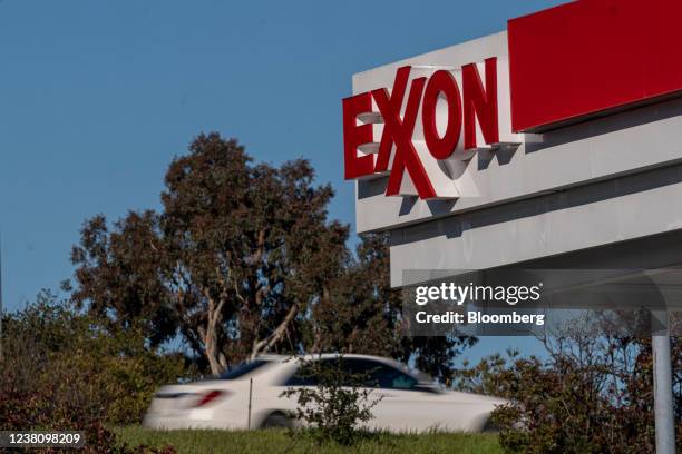 An Exxon Mobil gas station in Mountain View, California, U.S., on Thursday, Jan. 27, 2022. Exxon Mobil Corp. Is scheduled to release earnings figures...