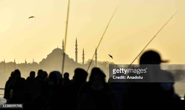 View of Suleymaniye Mosque during sunset in Istanbul, Turkiye on January 31, 2022.
