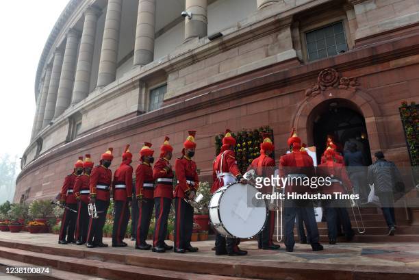 Army Band contingent arrive ahead of President's speech on the first day of Budget Session, at Parliament building, on January 31, 2022 in New Delhi,...
