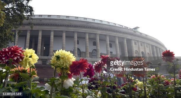 View of the Parliament House building on the first day of Budget Session, on January 31, 2022 in New Delhi, India. Finance Minister Nirmala...