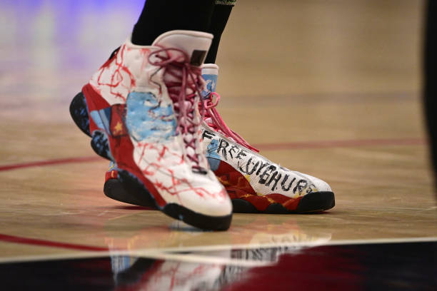 Boston Celtics Enes Kanter Freedom's sneakers on court during game vs Los Angeles Clippers at Staples Center. Equipment. Los Angeles, CA 12/8/2021...