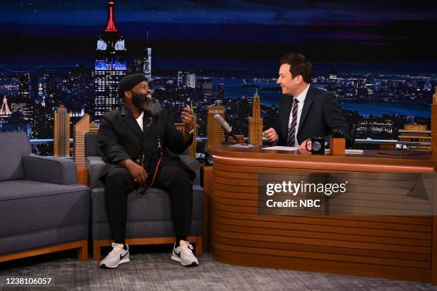 Episode 1595 -- Pictured: Musician Tariq Black Thought Trotter during an interview with host Jimmy Fallon on Monday, January 31, 2022 --