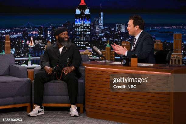 Episode 1595 -- Pictured: Musician Tariq Black Thought Trotter during an interview with host Jimmy Fallon on Monday, January 31, 2022 --