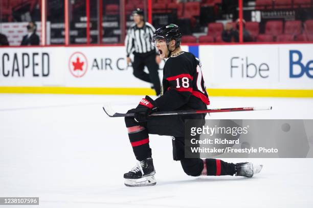 Tim Stutzle of the Ottawa Senators celebrates his game-winning goal in overtime against the Edmonton Oilers at the Canadian Tire Centre on January...