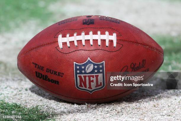 View of the NFL logo on a football before the AFC Championship game between the Cincinnati Bengals and Kansas City Chiefs on Jan 30, 2022 at GEHA...