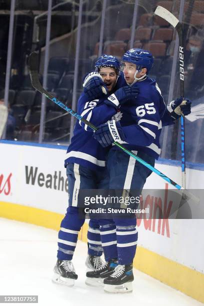 Toronto Maple Leafs center Alexander Kerfoot celebrates after Toronto Maple Leafs right wing Ilya Mikheyev scores a shorthanded goal to win the game...