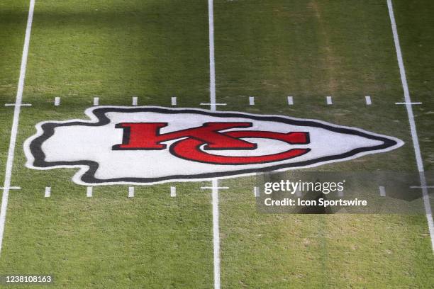 View of the Chiefs logo at midfield before the AFC Championship game between the Cincinnati Bengals and Kansas City Chiefs on Jan 30, 2022 at GEHA...