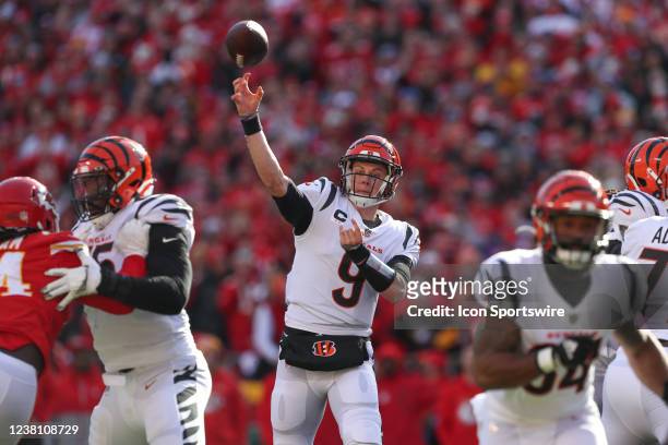 Cincinnati Bengals quarterback Joe Burrow passes from the pocket in the first quarter of the AFC Championship game between the Cincinnati Bengals and...