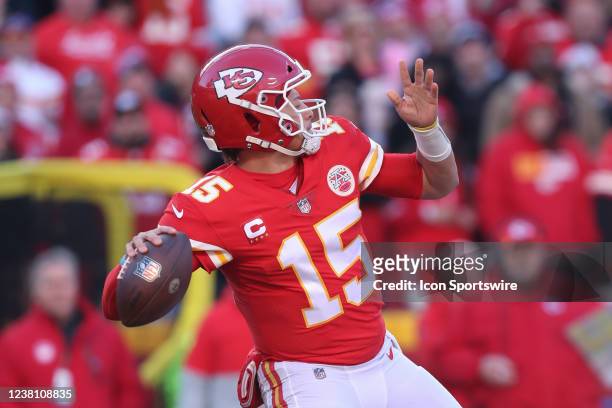 Kansas City Chiefs quarterback Patrick Mahomes wide up to throw a long pass in the second quarter of the AFC Championship game between the Cincinnati...