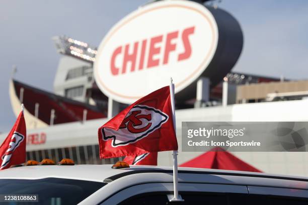 View of the Chiefs logo on a truck before the AFC Championship game between the Cincinnati Bengals and Kansas City Chiefs on Jan 30, 2022 at GEHA...