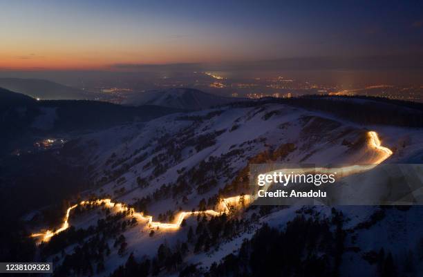 An aerial view of Russiaâs longest staircase is seen at the Torgashinsky mountain ridge outside Krasnoyarsk in Central Siberia, Russia on February...