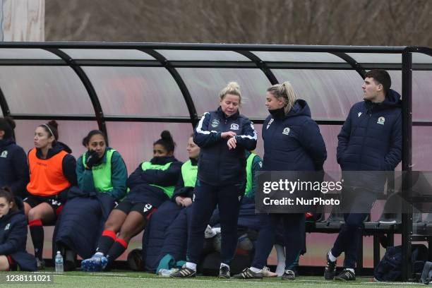 Blackburn Rovers manager Gemma Donnelly and coach Ellie Cash during the Women's FA Cup 4th Round tie between Durham Women FC and Blackburn Rovers at...