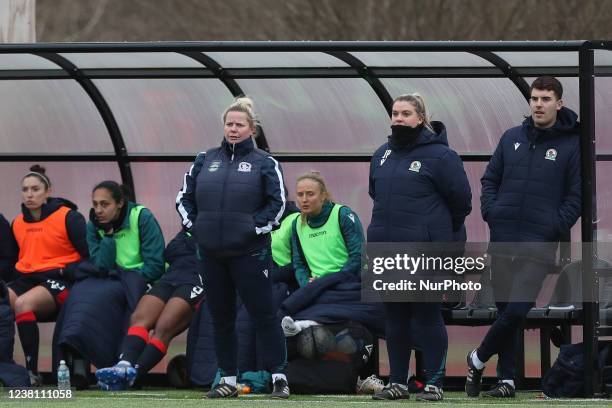 Blackburn Rovers manager Gemma Donnelly and coach Ellie Cash during the Women's FA Cup 4th Round tie between Durham Women FC and Blackburn Rovers at...