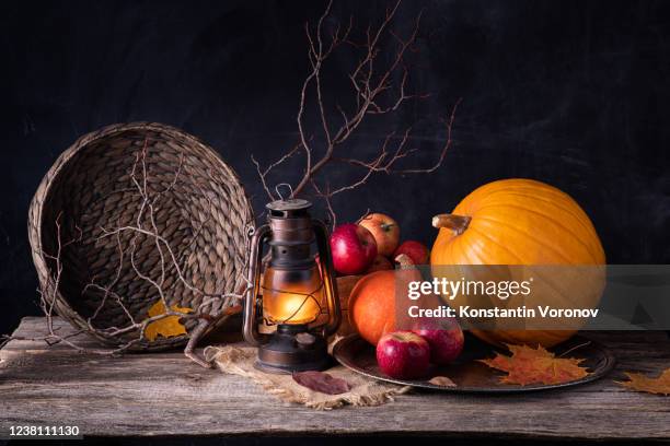 autumn mood concept. - fall harvest table stock pictures, royalty-free photos & images