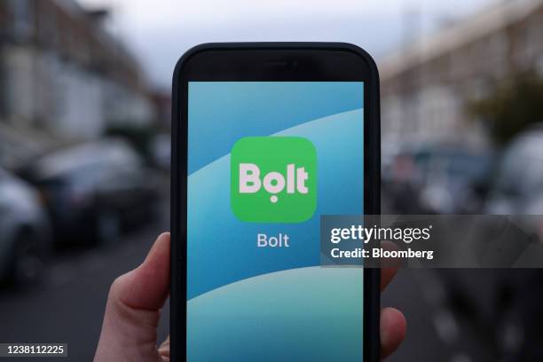 The Bolt Technology OU app logo on a mobile phone arranged in London, U.K., on Friday, Jan. 28, 2022. Estonian mobility startup Bolt expects to bring...