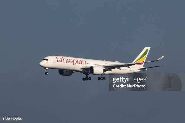 Ethiopian Airlines Airbus A350 wide-body aircraft as seen flying on final approach for landing at Brussels Airport Zaventem BRU. The arriving...
