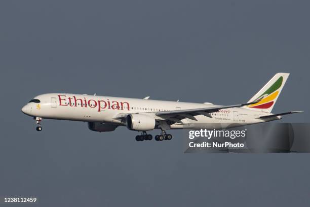 Ethiopian Airlines Airbus A350 wide-body aircraft as seen flying on final approach for landing at Brussels Airport Zaventem BRU. The arriving...