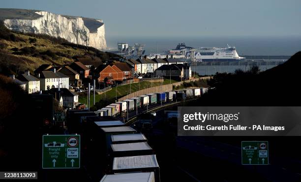 Lorries queue for the Port of Dover in Kent, as the Dover TAP is enforced due to the high volume of lorries waiting to cross the Channel. Dover TAP...