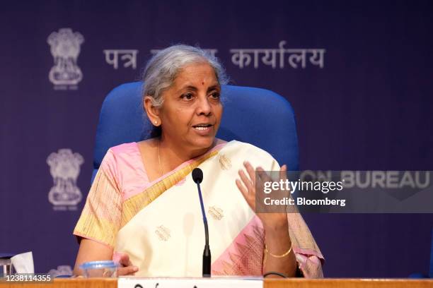 Nirmala Sitharaman, India's Finance minister, speaks during a news conference in New Delhi, India, on Tuesday, Feb. 1, 2022. The Reserve Bank of...