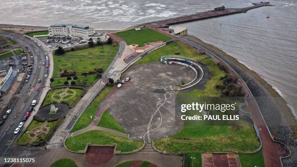 Photograph taken on February 1, 2022 shows an aerial view of the area proposed as the site for the new Eden Project North, in Morecambe, north west...