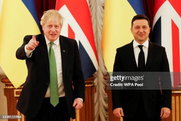 British Prime Minister Boris Johnson meets with Ukrainian President Volodymyr Zelenskiy at the presidential palace on February 1, 2022 in Kyiv,...