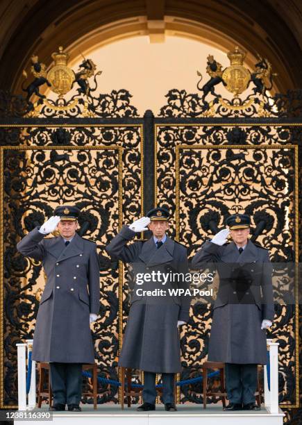 Prince Edward, Duke of Kent views the Changing of the Guard ceremony, which is commemorating the 80th anniversary of the formation of the Royal Air...