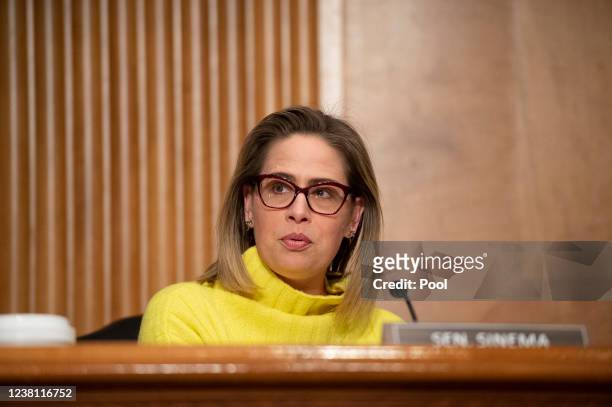 Sen. Krysten Sinema speaks during a Senate Homeland Security and Governmental Affairs Committee hearing to examine the nominations of Shalanda D....