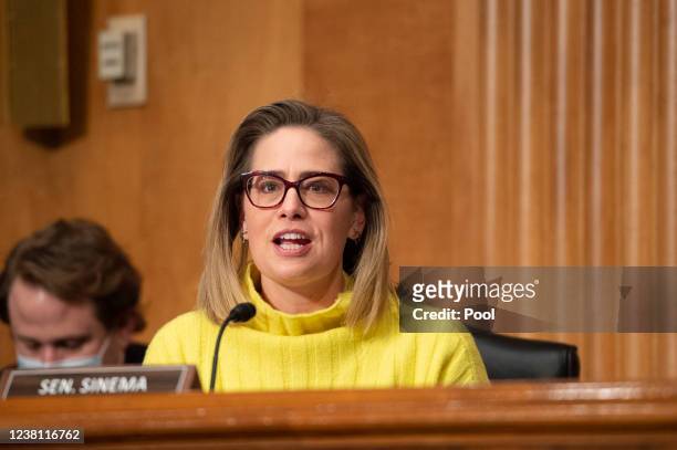Sen. Krysten Sinema speaks during a Senate Homeland Security and Governmental Affairs Committee hearing to examine the nominations of Shalanda D....