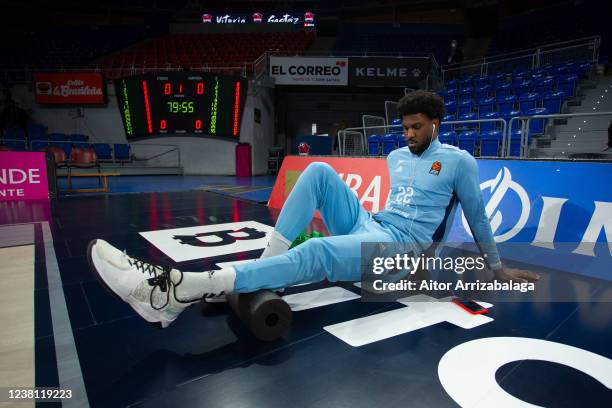 Alex Poythress, #22 of Zenit St Petersburg warms up prior to the Turkish Airlines EuroLeague Regular Season Round 24 match between Bitci Baskonia...