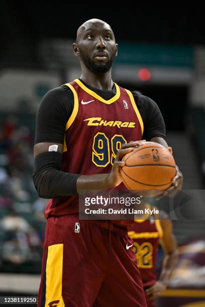 Tacko Fall of the Cleveland Charge taking a foul shot against the Greensboro Swarm on February 01, 2022 in Cleveland, Ohio at the Wolstein Center....