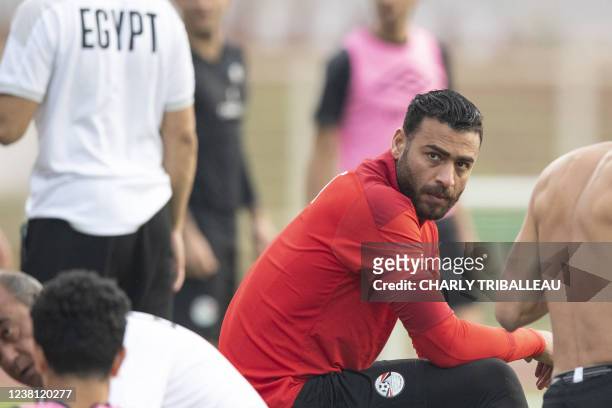 Egypt's goalkeeper Mohamed Abou Gabal attends a training session at an annex of the Olembe stadium in Yaounde on February 1 two days ahead of the...