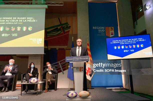 Renaud Muselier seen during the press conference to launch the African Rugby Cup 2022. Renaud Muselier, president of the South region officially...
