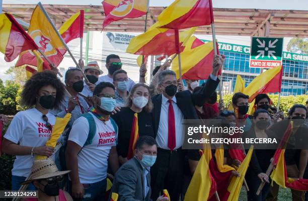 Costa Rican presidential candidate Welmer Ramos of Acción Ciudadana party, meets with supporters after participating in a debate in San José, Costa...