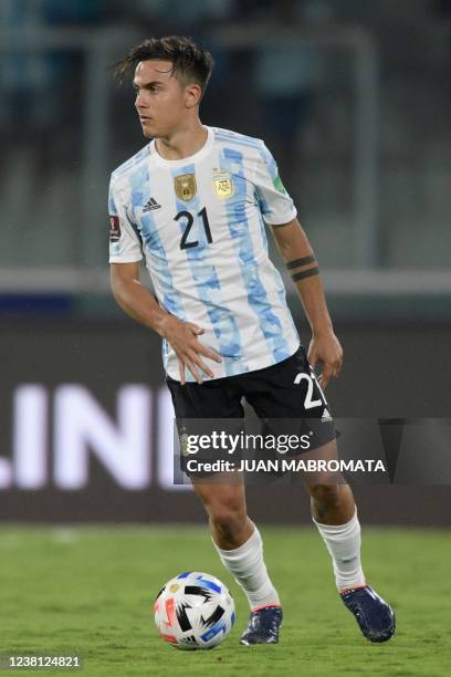 Argentina's Paulo Dybala controls the ball during the South American qualification football match for the FIFA World Cup Qatar 2022 at the Mario...