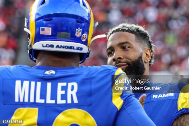 Tampa, Florida, Sunday, January 23, 2022 - LA Rams teammates Odell Beckham Jr. Right and Von Miller on the sideline during the NFC Divisional Playoff...