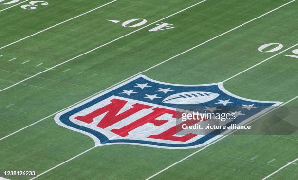 February 2022, US, Inglewood: The NFL logo is emblazoned across the middle of the field at SoFi Stadium. The Los Angeles Rams and Cincinnati Bengals...