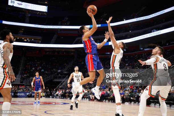 Frank Jackson of the Detroit Pistons drives to the basket during the game against the New Orleans Pelicans on February 1, 2021 at Little Caesars...