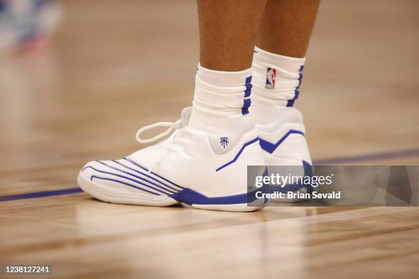 The sneakers worn by Frank Jackson of the Detroit Pistons during the game against the New Orleans Pelicans on February 1, 2021 at Little Caesars...